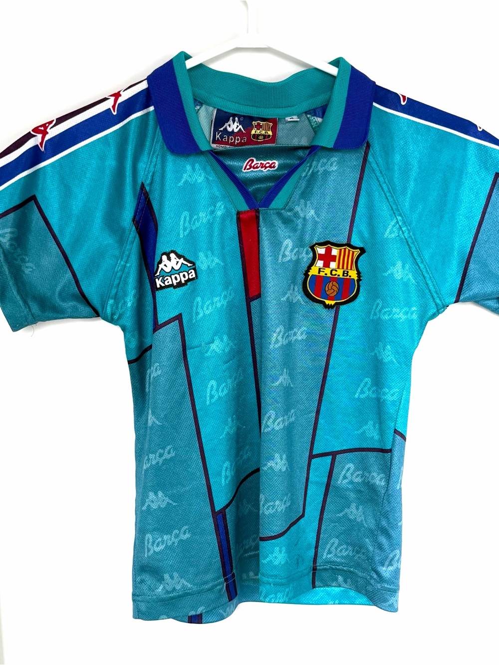 Kappa Teal Kids FC Barcelona Soccer Jersey with Blue & Red Accents